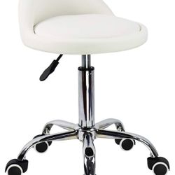 KKTONER PU Leather Round Rolling Stool with Back Rest Height Adjustable Swivel Drafting Work SPA Task Chair with Wheels