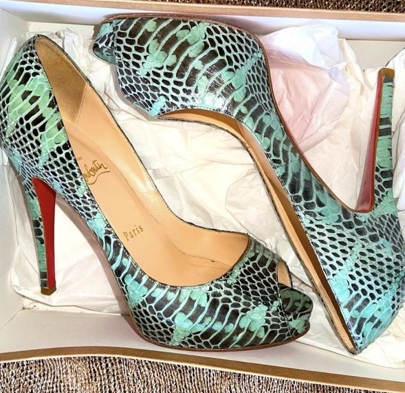Christian Louboutin Teal & Black Snale skin leather Prive Heels 120mm