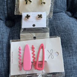 Two Luxury Earrings And Pink Hair Clips 
