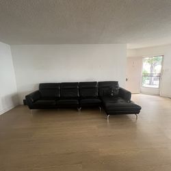Modern Black Leather Sectional Sofa w/ Chrome Legs