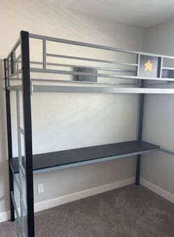 Metal Loft Bed with Desk Underneath – Gray/Black