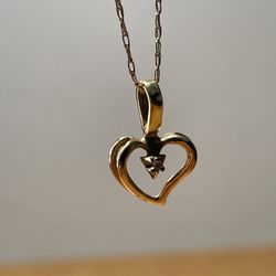 14K Yellow Gold Small Open Heart Diamond Pendant 21" Chain Necklace