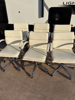 White Leather Office Chairs with Chrome Base – Set of 6