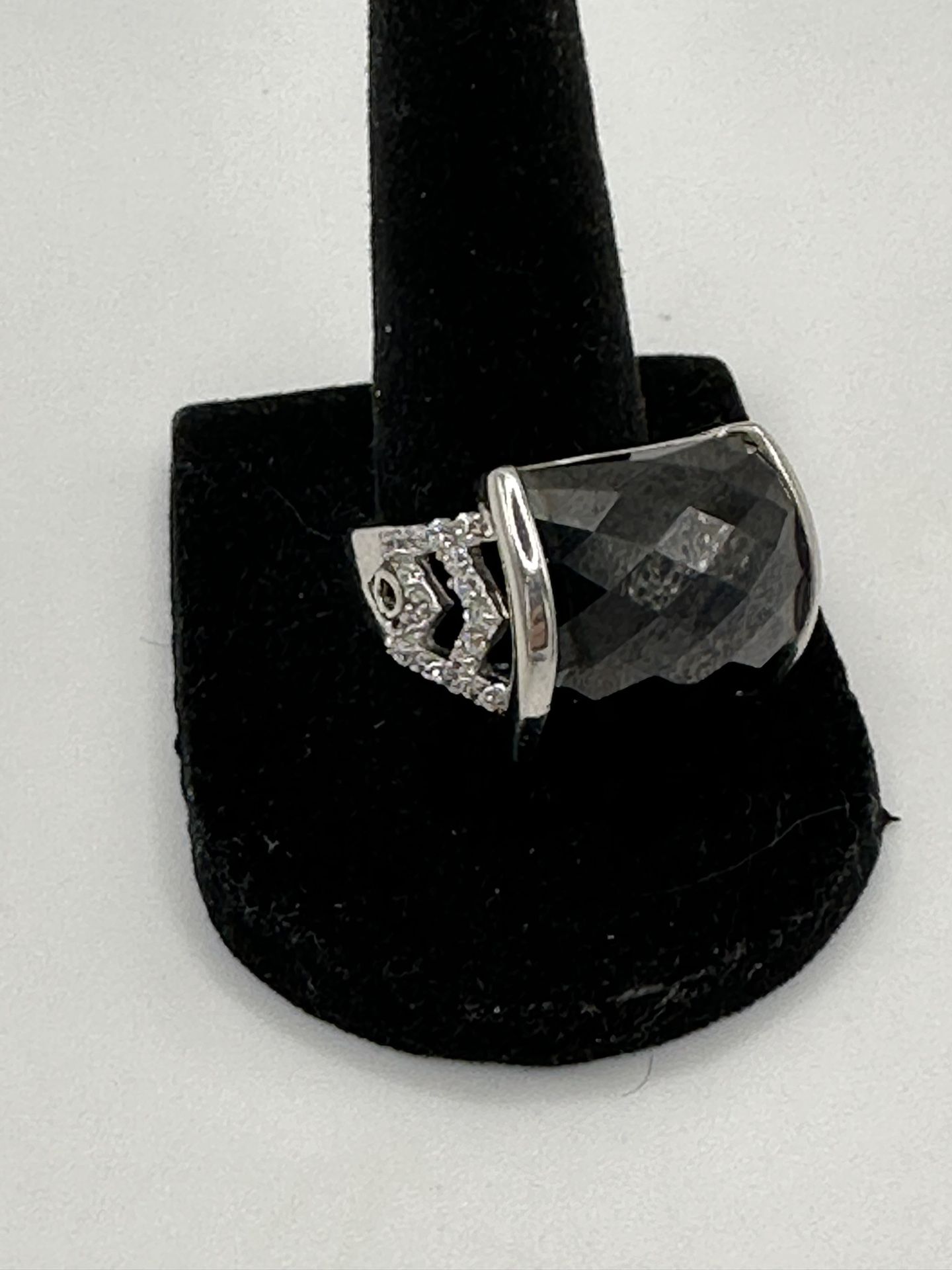 New Black Onyx Clear Stones Better Glass Set In Sterling Silver Size 9 Weighs 14.33