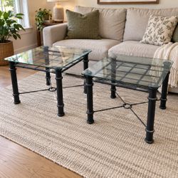 Pair of Glass & Black Metal Side Tables – 24″ × 24″