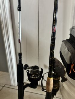 Penn Fishing Poles, Bait Bucket, Tackle Box