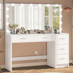 47.2” Large Makeup Vanity Desk with Mirror & 14 LED Lights