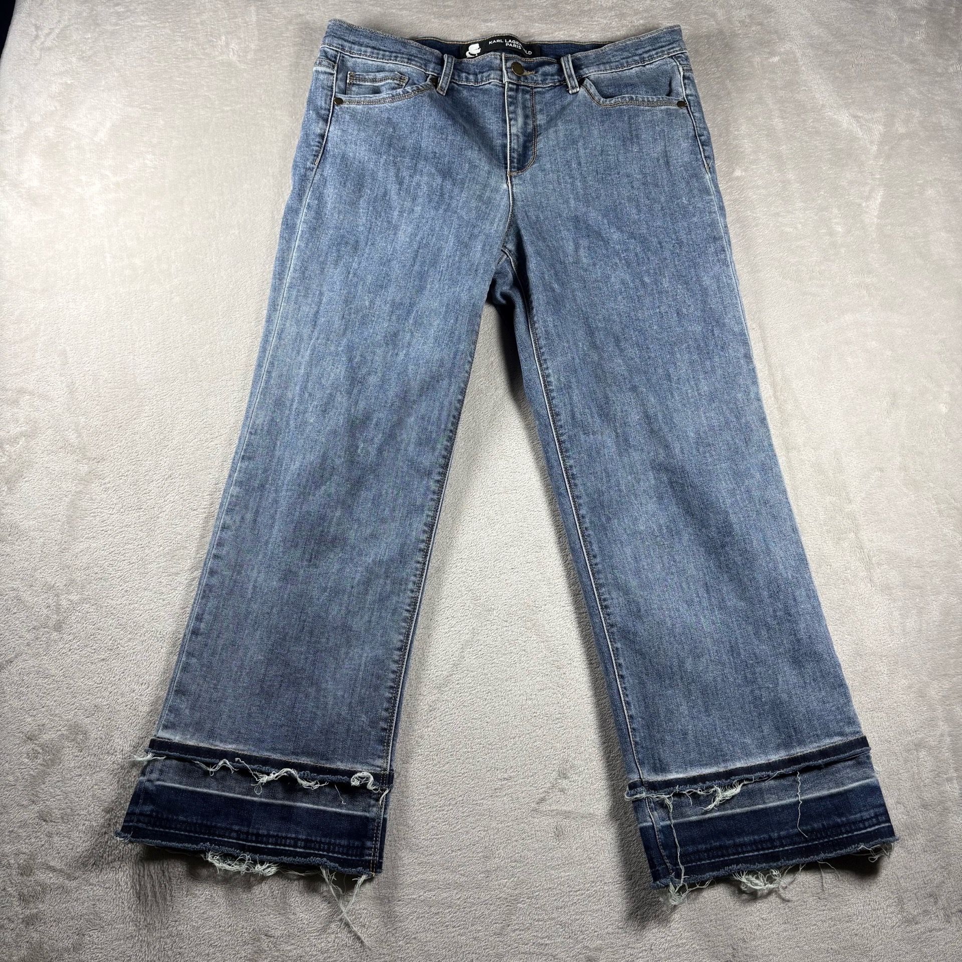 Karl Lagerfeld Paris Cropped Denim Jeans Women’s 12 Blue Raw Hem Stretch #3675