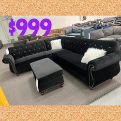 Black velvet 4 pc sectional set with ottoman 