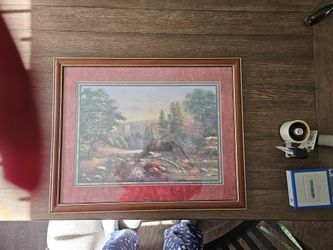 Home Interior Fall Picture w/Border.  31" x 25".  Waterfall/rocks/brook/trees/flowers & bushes.