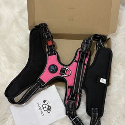 PHOEPET Reflective Dog Harness Large Breed Adjustable No Pull Vest with Handle 2 Metal Rings 3 Buckles [Easy to Put on & Take Off](XL, Pink)