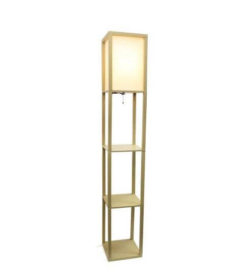 Simple Designs 62.75 in. Tan Floor Lamp Etagere Organizer Storage Shelf with Linen Shade