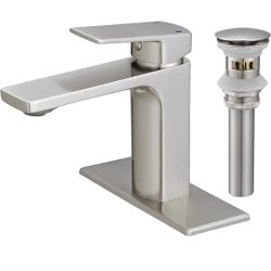 VOTON Brass Bathroom Faucet, Brushed Nickel Finish, Single Handle, 1 or 3 Hole Installation, Pop-up Drain, Flexible Hoses

