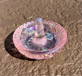 Vintage Fenton art glass pink iridescent ring holder, trinket jewelry tray