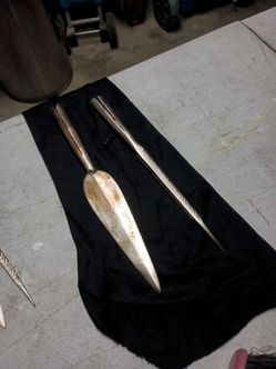 Lot of two authentic vintage hand Forged tribal spearheads metal sphere tips rare. From the Dinka tribe