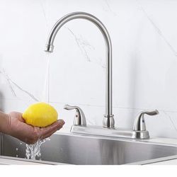 Brushed Nickel Kitchen Sink Faucet, 2 Handle 3 Hole Kitchen Faucet Without Sprayer, High Arc Swivel Spout K10