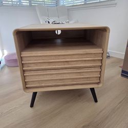 New Mid Century Fluted Wood End Table Charger Station Drawers Storage Cubby Nightstand