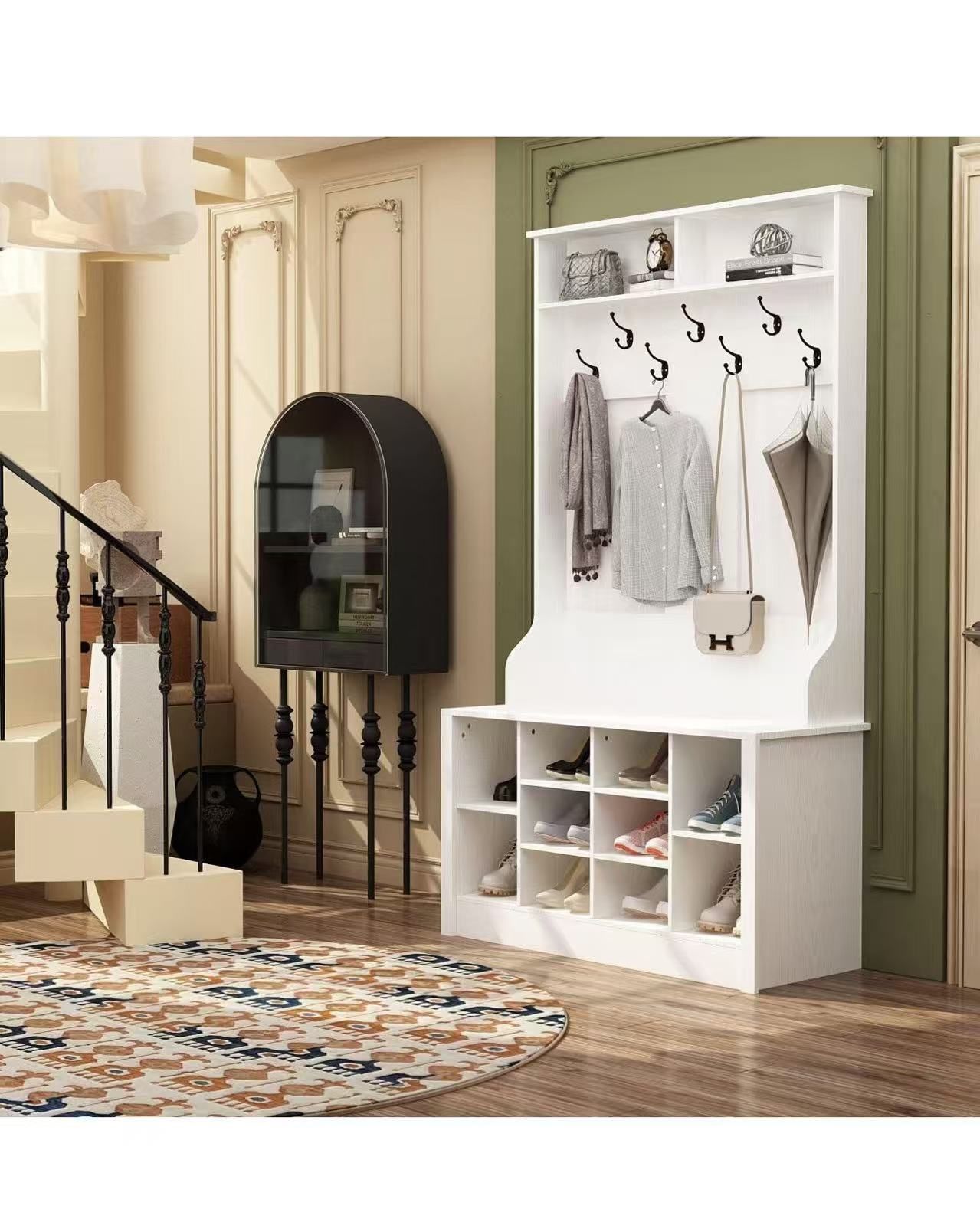 AIEGLE 39.4" Wide Entryway Hall Tree with Bench and Storage, 3-in-1 Hall Tree Cabient with 10 Shoe Cubbies & 7 Coat Hooks, Coat Rack with Space Storag