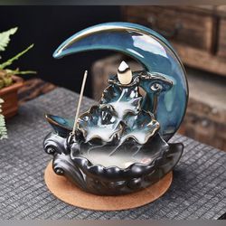 Moon Waterfall Backflow Incense Holder Burner with incense sticks and cones