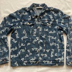 Women Fila Denim Jean Jacket Outerwear Logo Allover Rhinestones Back Large L