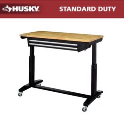 Husky Tool Storage 46 in. W x 24 in. D 2-Drawer Adjustable Height Black Worktable with Solid Wood Top
