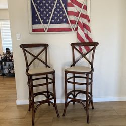 Pair of Solid Elm Wood X-Back Bar Stools – Newly Upholstered