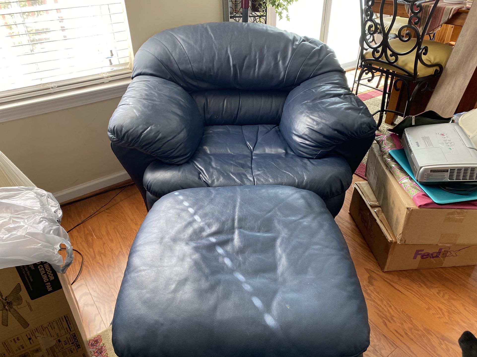 Blue Leather Sofa, Love Seat, Chair & Ottoman