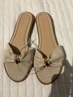 New Jessica Beige Fabric Slide Sandals with Gold Detail