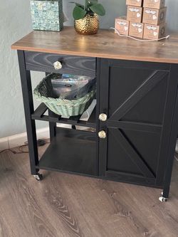 Farmhouse Rolling Bar Cart with Cabinet
