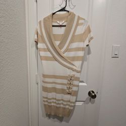 Striped Knit Sweater Dress with Cowl Neck