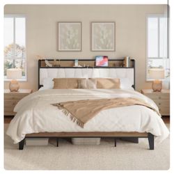 LIKIMIO California King Bed Frames, Storage Headboard with Charging Station, Solid and Stable, Noise Free, No Box Spring Needed, Easy Assembly, Wood a