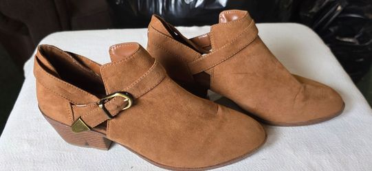 Tan Suede Ankle Booties with Gold Buckle size 9