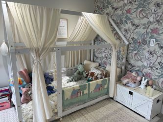 Twin Montessori House Bed + Mattress + Curtains - White Wood
