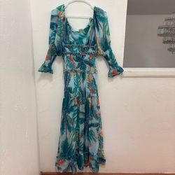 Tropical Print Shirred Ruffle Tiered Dress – Size M