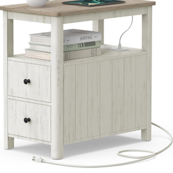VASAGLE Side Table with Charging Station, Narrow Nightstand with 2 Drawers, Living Room End Table with Storage, for Small Spaces, Coastal Style, Vinta