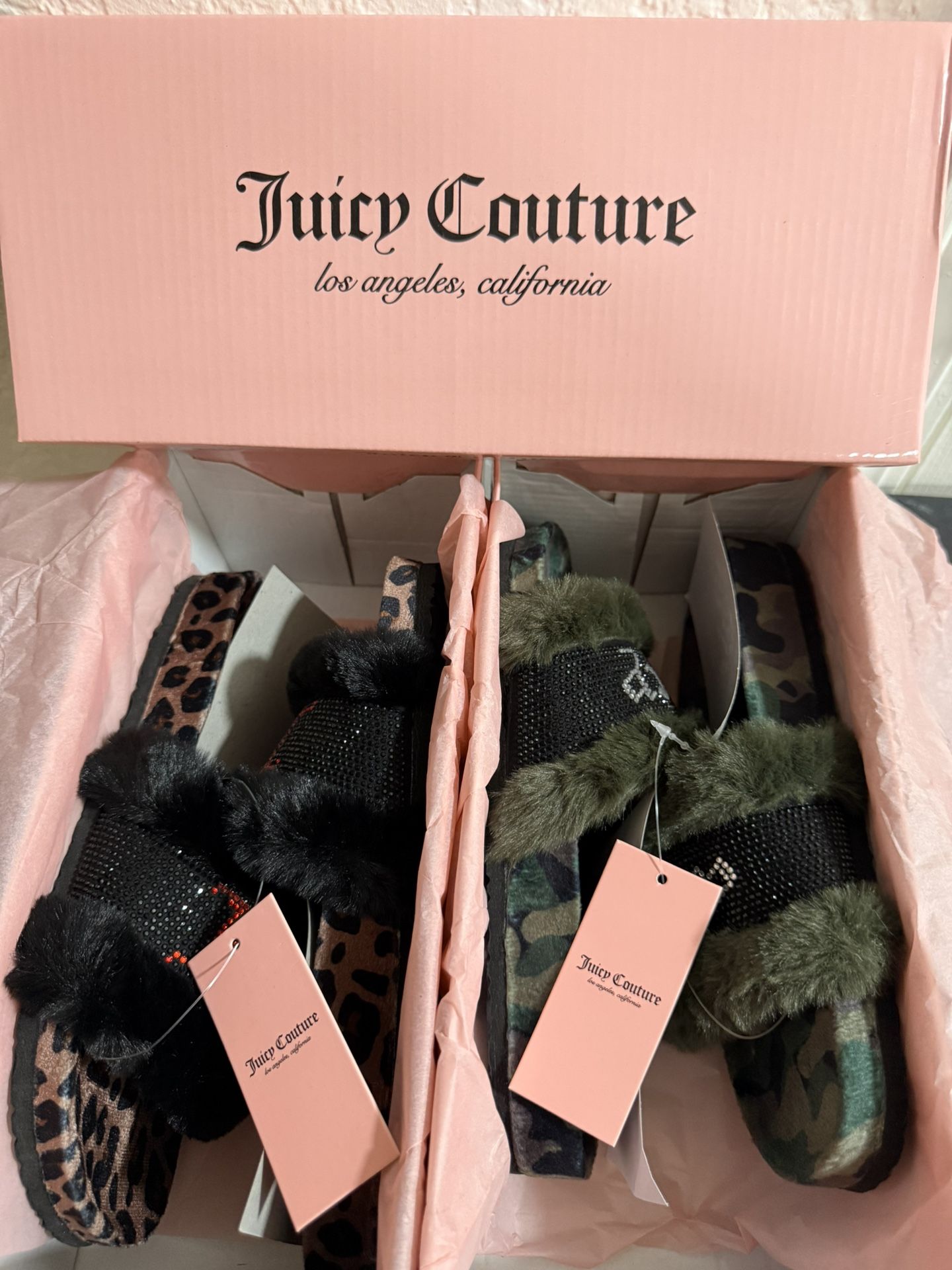 Juicy Couture Women’s Siren Fuzzy Slides. Leopard & Camo
