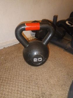 20 lbs kettle bell, 10 lbs weights, 5 lbs weights