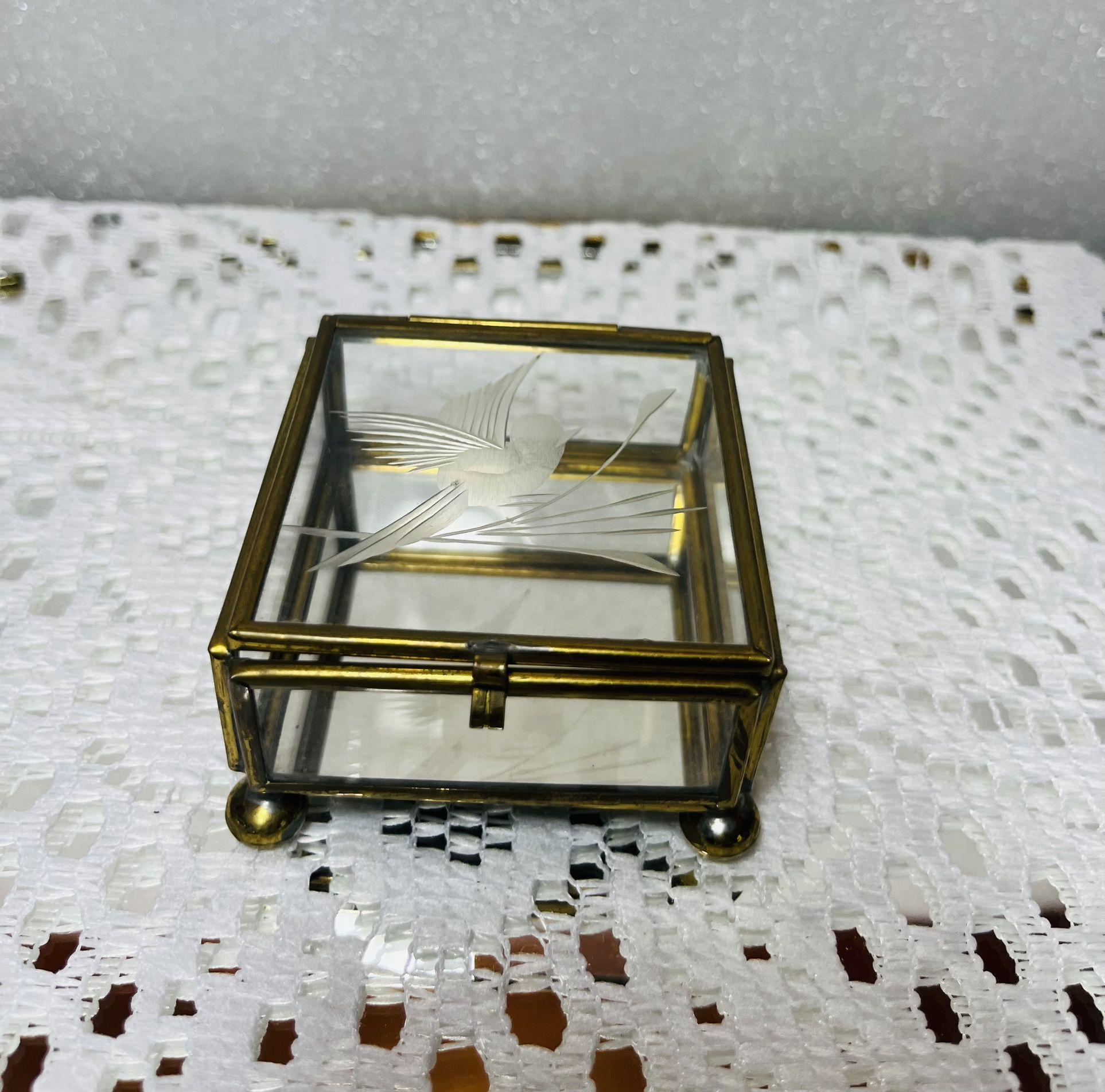 Vintage Footed Brass Metal Glass Etched