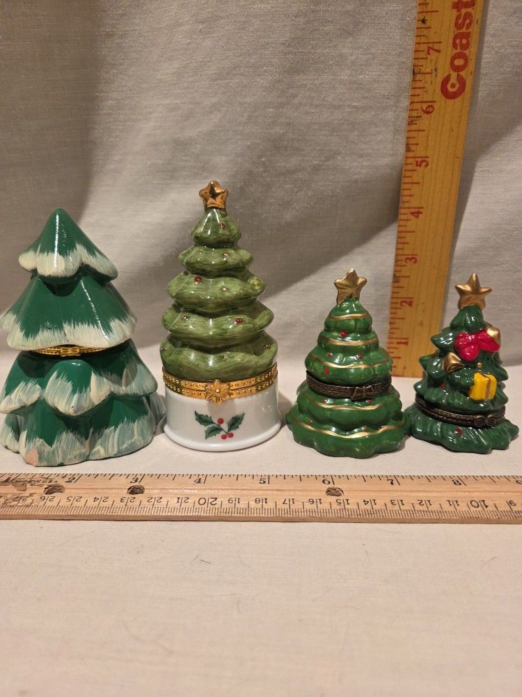 "Christmas" Trees Porcelain Hinged Trinket Boxes--lot Of 4