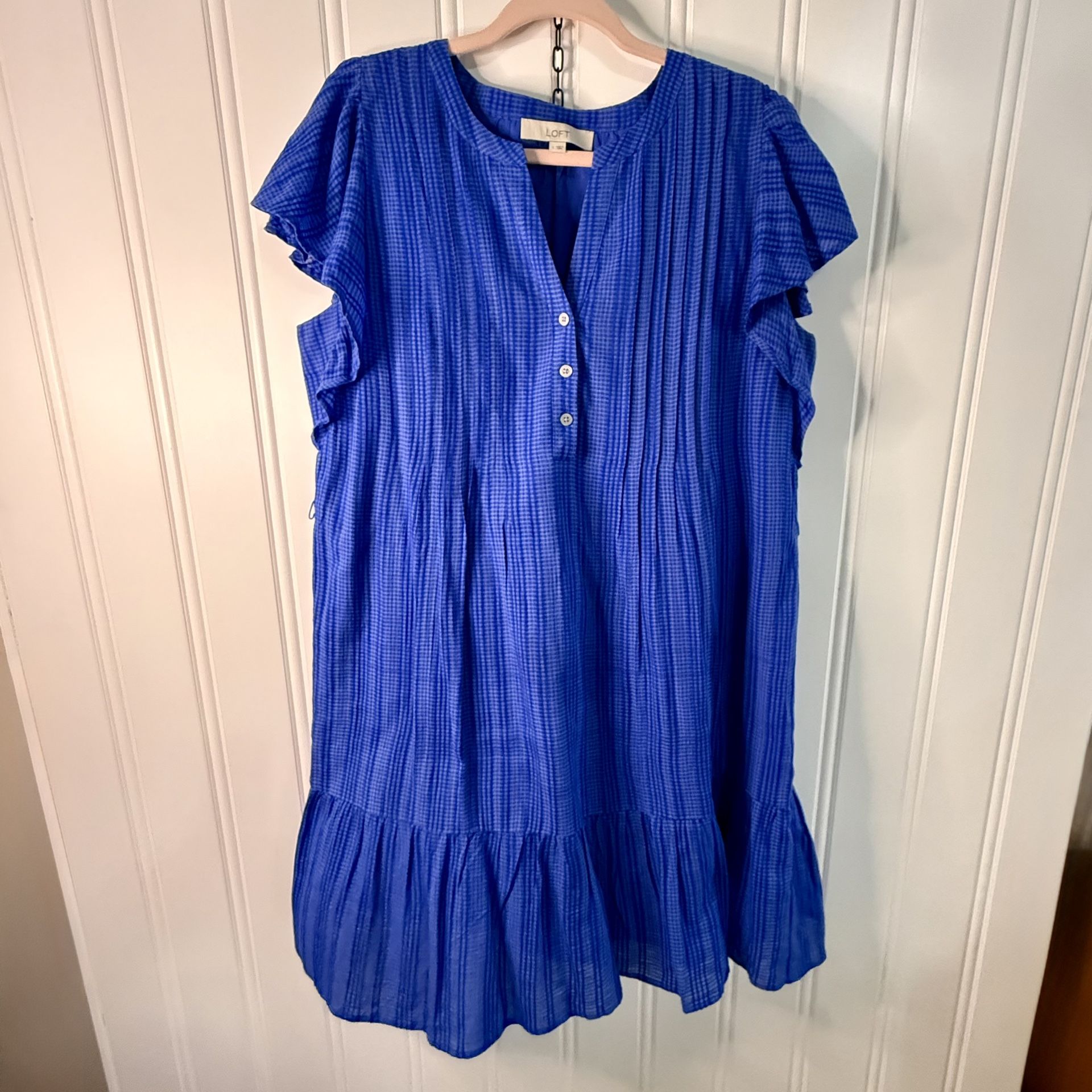 Loft Textured Stripe Flutter Button Swing Dress Large Blue