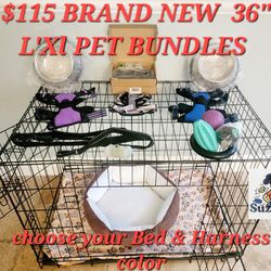 New Pet Package L'xl Dog Crate Up To 70 Lbs 2 Doors With Tray $60/ Package $115 Cage Bed Bowls Toys Harness Leash & More