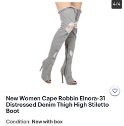 Women Distressed Gray Denim Thigh High Stiletto Boot size 8