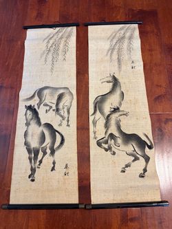 Vintage Japanese Showa Sumi-e Horse Print Burlap Wall Hanging Scrolls Set of 2