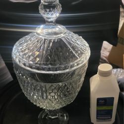 Vintage Clear crystal glass pedestal candy dish with a lid, featuring a diamond point pattern.