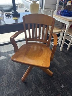 Vintage Mid-Century Wood Banker's Swivel Office Chair