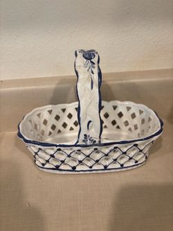 Blue and White Ceramic Basket with Handle