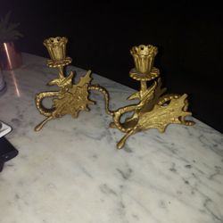 Pair Antique Solid Brass Winged Dragon Griffin/Gryphon Candlestick/Candle Holders