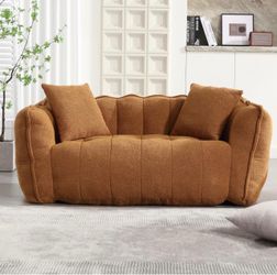 Caramel Boucle Loveseat with Throw Pillows