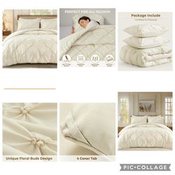 WOLKI Queen Size Comforter Set Cream, 3 Pieces Bed Lightweight Solid Bedding Comforters Sets, All Season Fluffy Down Alternative Comforter Bed Set Qui