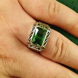 Mens Emerald Ring Radiant Cut Created Emerald Ring for Men 925 Sterling Silver 